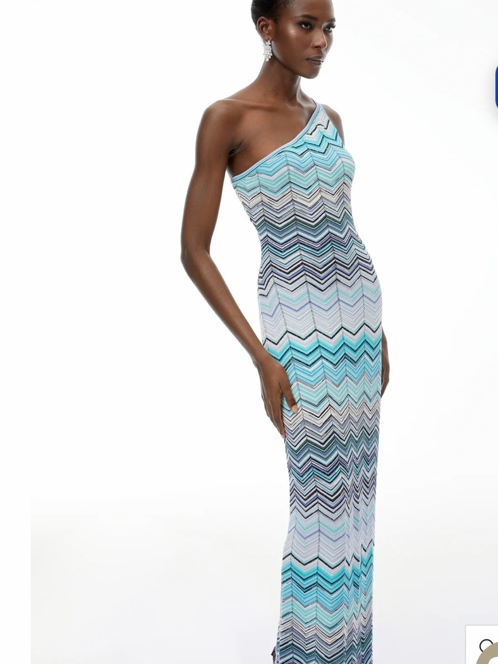 Miss Rosier One-Shoulder Chevron Maxi Dress in Aqua, White and Black. Brand new